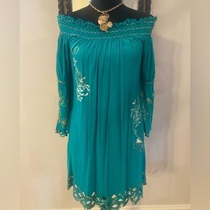 Krista Lee Dress in Green and Gold, Off The Shoulder, Size Small